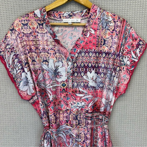Karyn Seo Midi Boho Silky Dress Sz Med Pink Purple Floral Wedding Flutter Sleeve - Picture 2 of 8